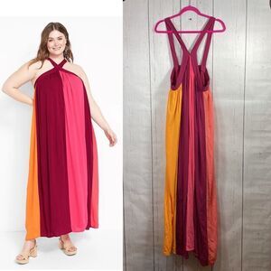 Lane Bryant Colorblock Maxi Dress 18/20 Plus Size Halter Crisscross Back Resort